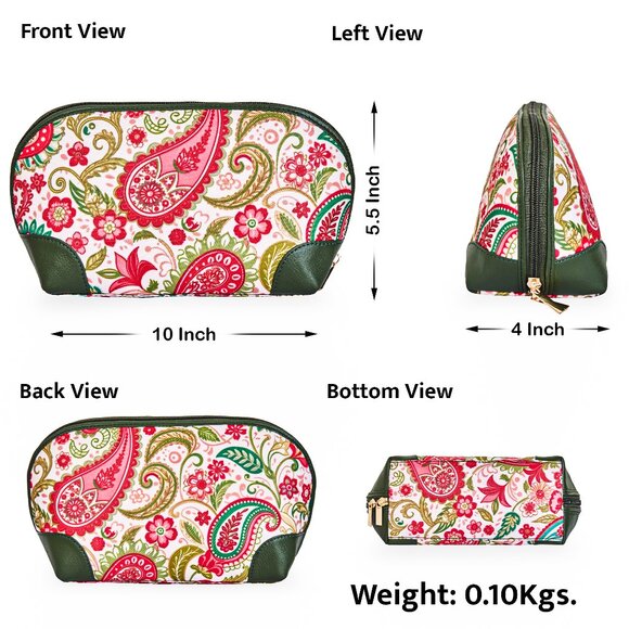 Paisley Print Fabric Cosmetic Pouch Bag for Women, Travel Case with Leather trim - Picture 3 of 8